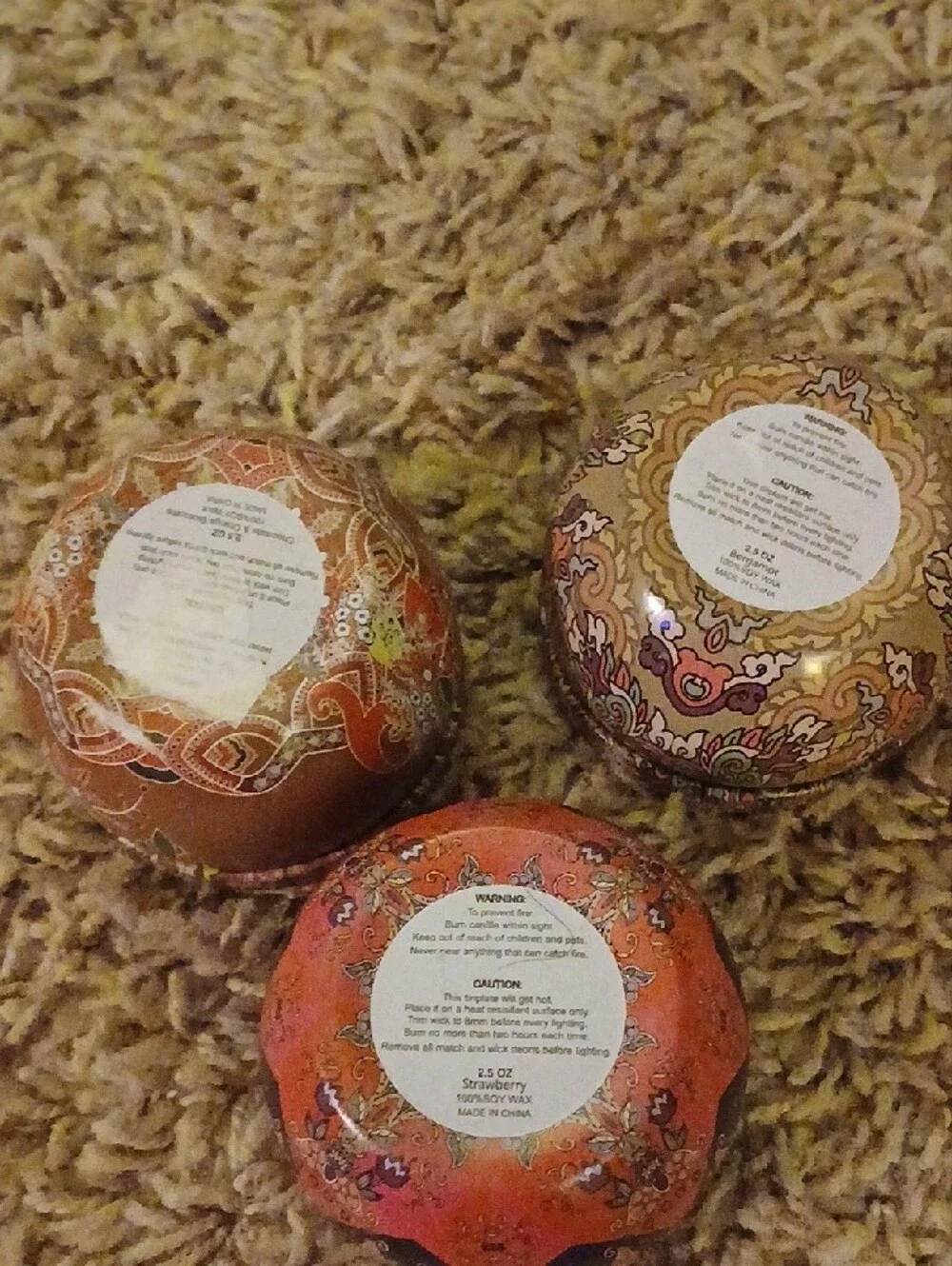 Set of 3 Decorative Round Trinket Boxes in Earthy Orange and Brown Candle Set